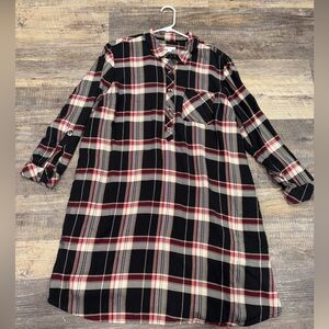 J. Jill Plaid Shirt Dress Roll Tab Long Sleeves Size 2X Red Black Tan Tencel